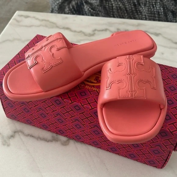 Tory Burch Shoes - NEW Tory Burch Leather Slip On Double T Sport Slide Sandals Pink Coral 10.5